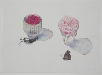 „Rose de Resht“ und Rose „Eglantyne“ mit japanischer Schale, 2010, Aquarell und Graphit auf Hadern